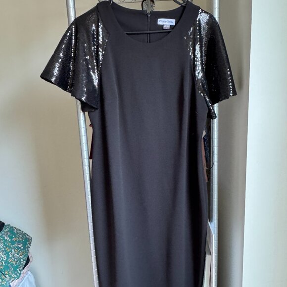 Black Calvin Klein Dress w/ Sequined Sleeves - Picture 1 of 3